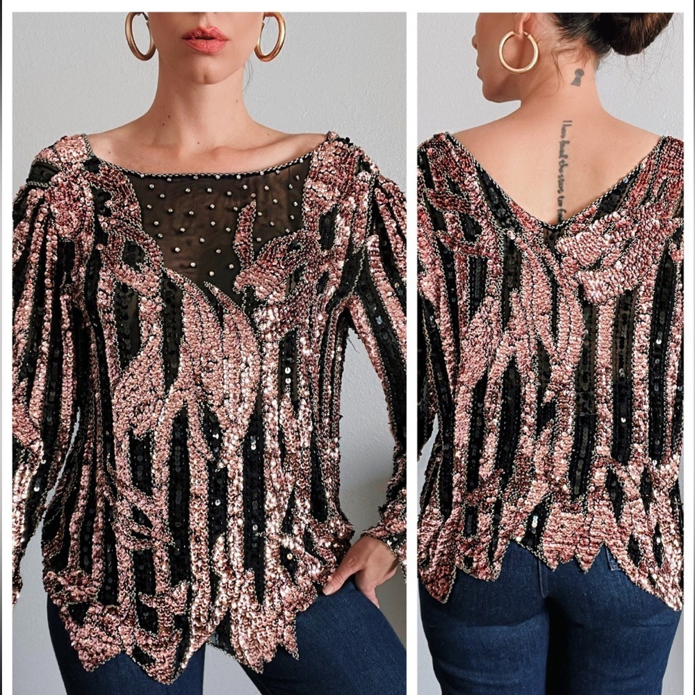 Vintage Sho Max Baby Pink Sequin Top with Rhinestones - Picture 1 of 12